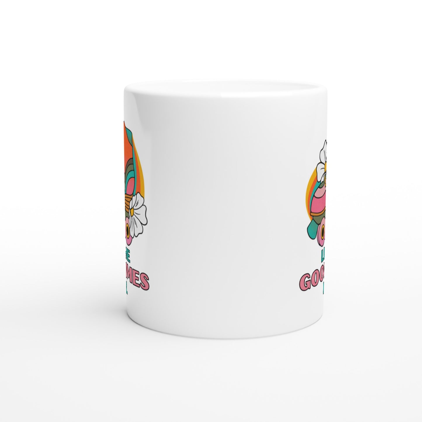 Roller skating mug, side view.