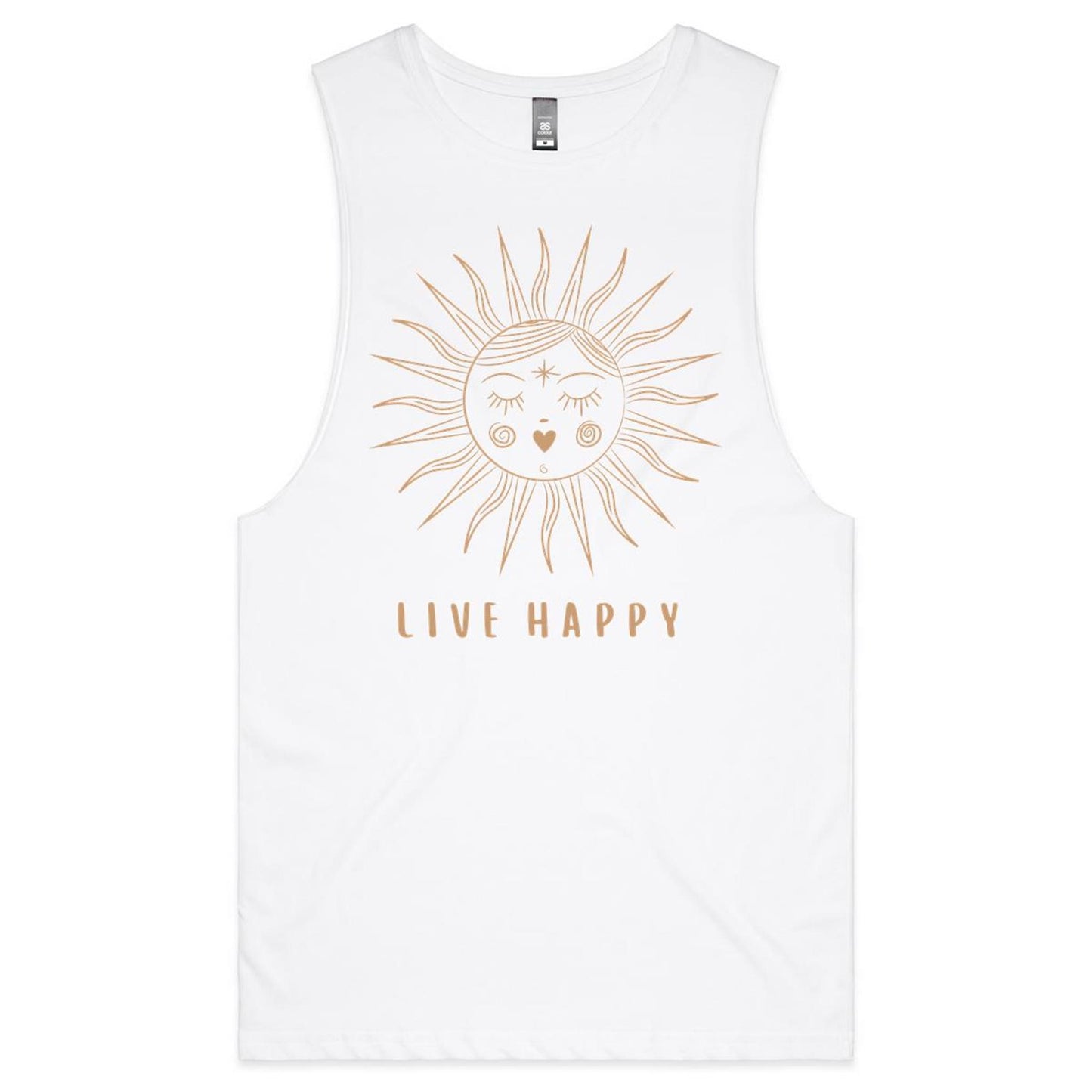 live happy muscle tee, organic cotton, white.