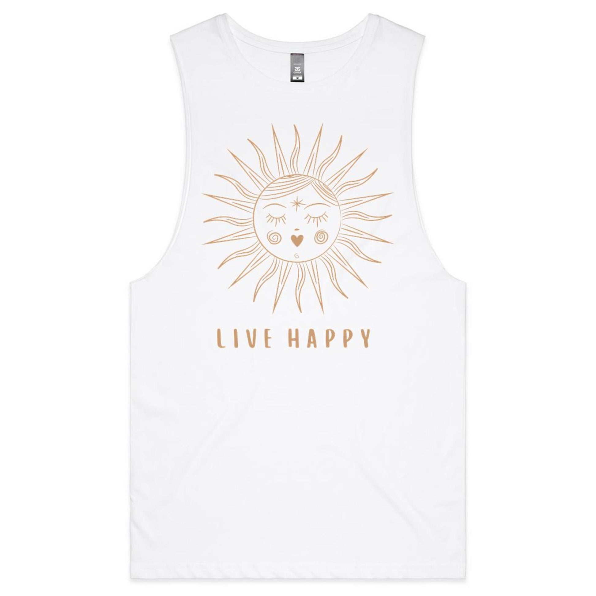 live happy muscle tee, organic cotton, white.