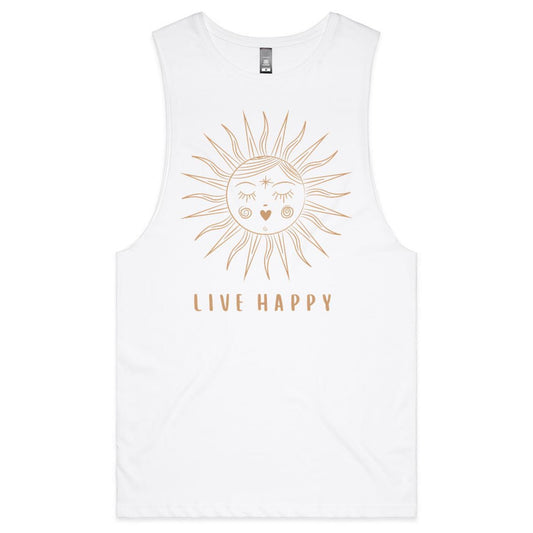 live happy muscle tee, organic cotton, white.