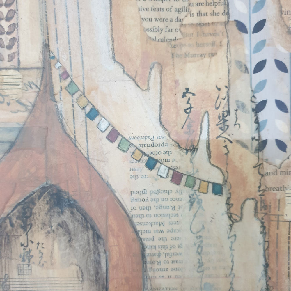 Buddhist Temple, Original Art, Mixed Media, Artist Libby Mills. Close Up View.