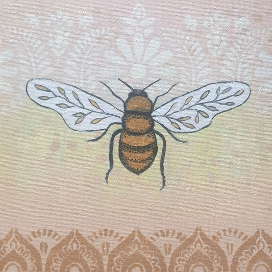 Small bee painting, wall art by Artist Libby Mills.