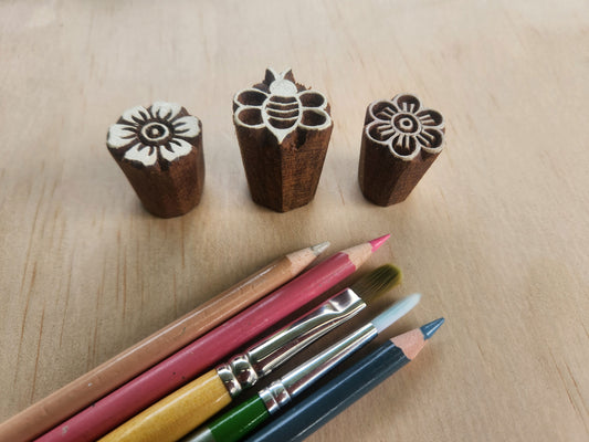 bee printing blocks floral wood hand carved.