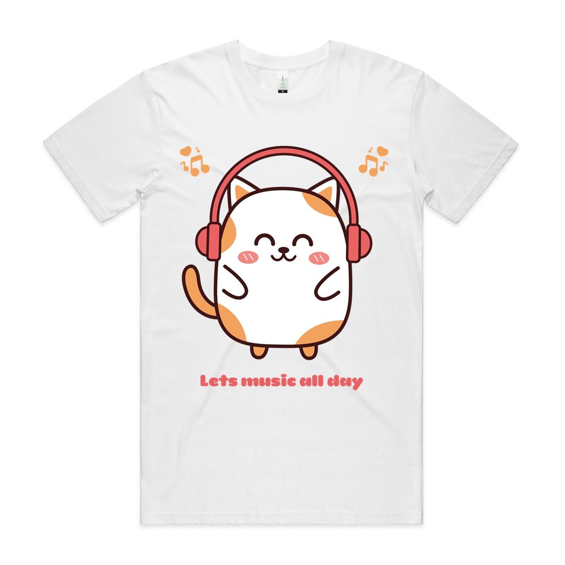 Kawaii Music T-shirt, with cat, organic cotton, white.