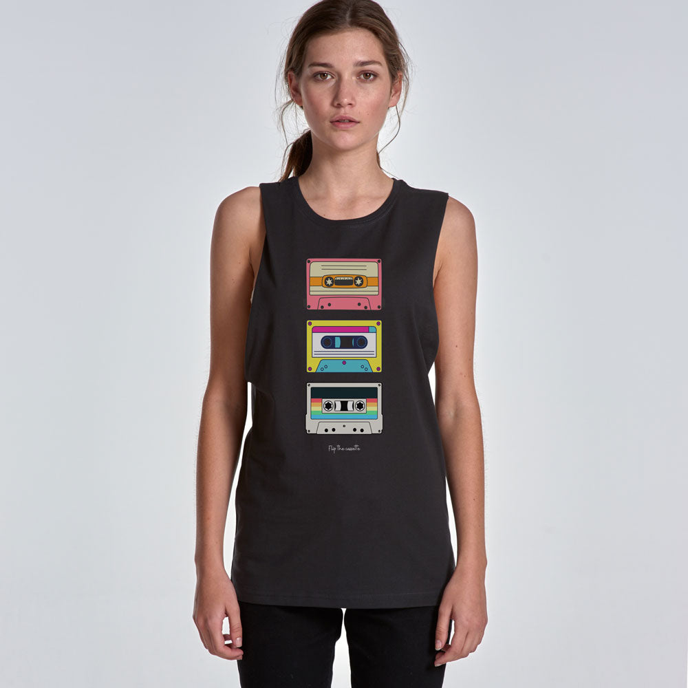 womens muscle tshirt, flip the cassette