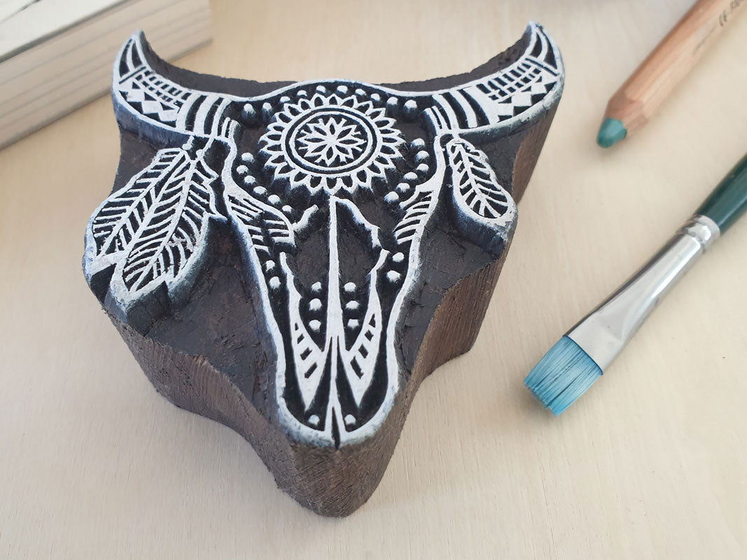 Cow skull, wooden stamp.