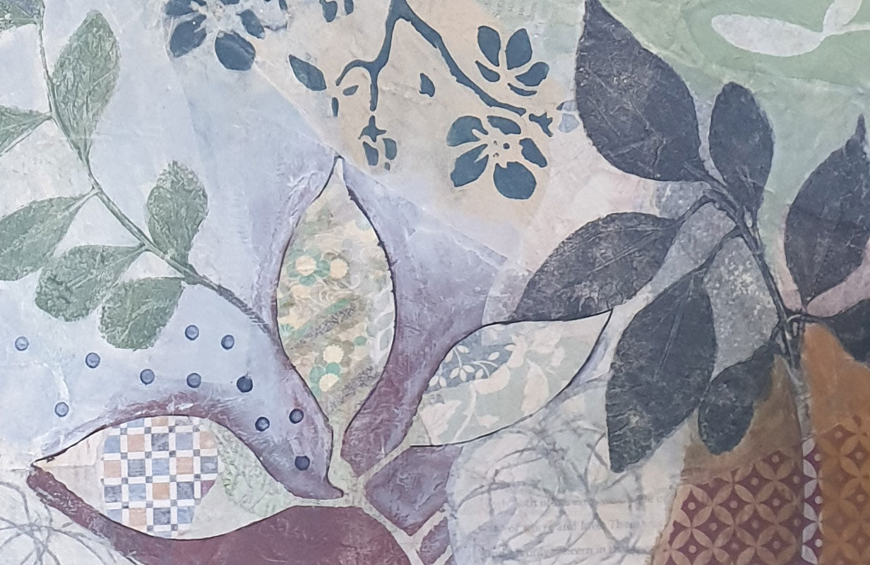 Moon art, mixed media, Libby Mills. Close up of leaves.