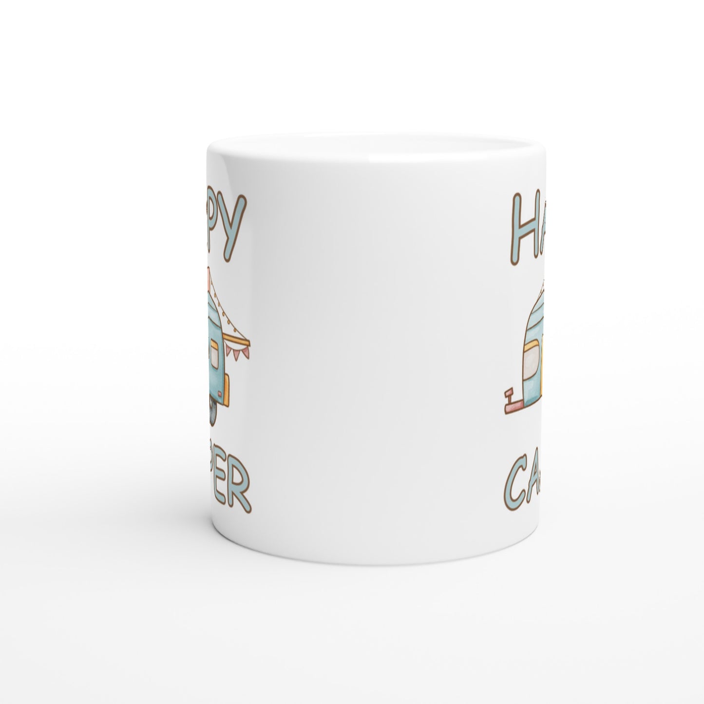 Happy Camper coffee mug, caravan gift, side view.