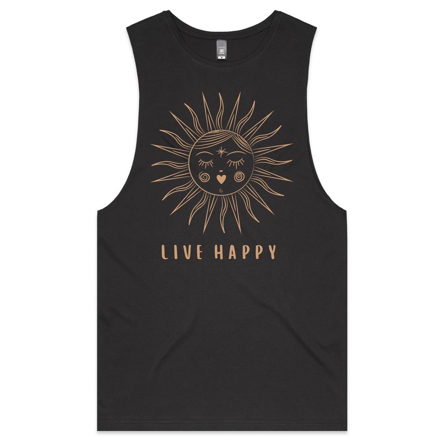 live happy muscle tee, organic cotton, black.