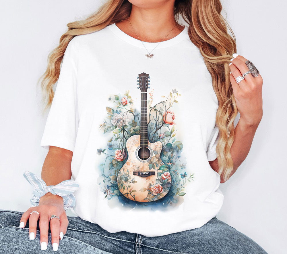 Floral guitar tshirt, white organic cotton.