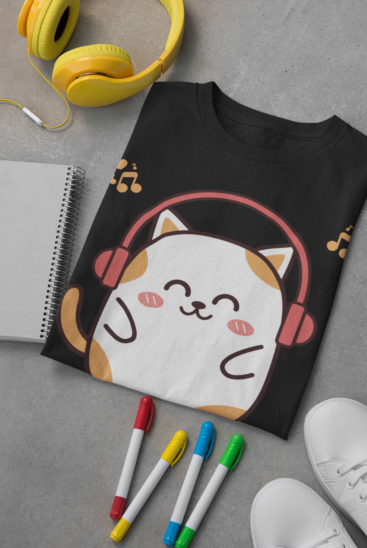 Kawaii Tshirt, Organic Cotton, Let's music all day, with picture of cat in headphones.