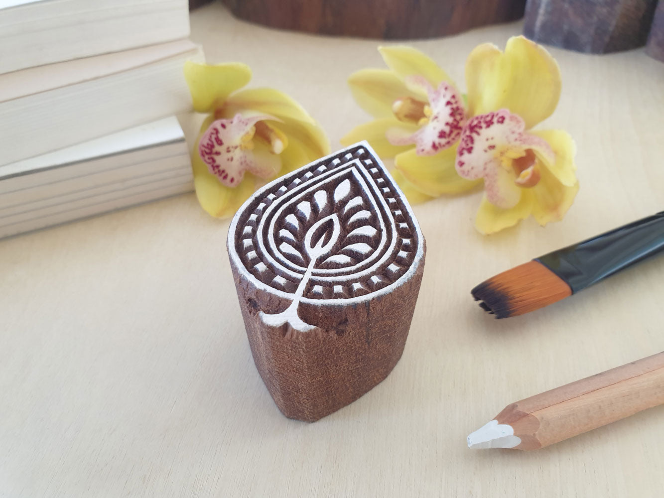 Hand carved leaf stamp, wood stamps.