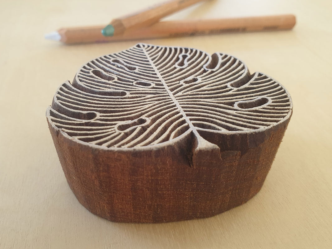 Handmade wooden stamp, leaf design.