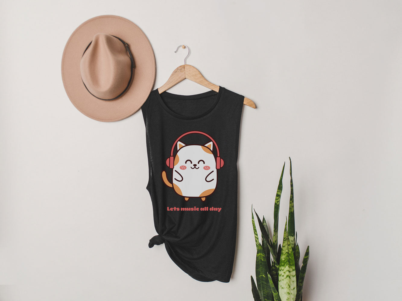 Kawaii Muscle Tee, Cat listening to music.