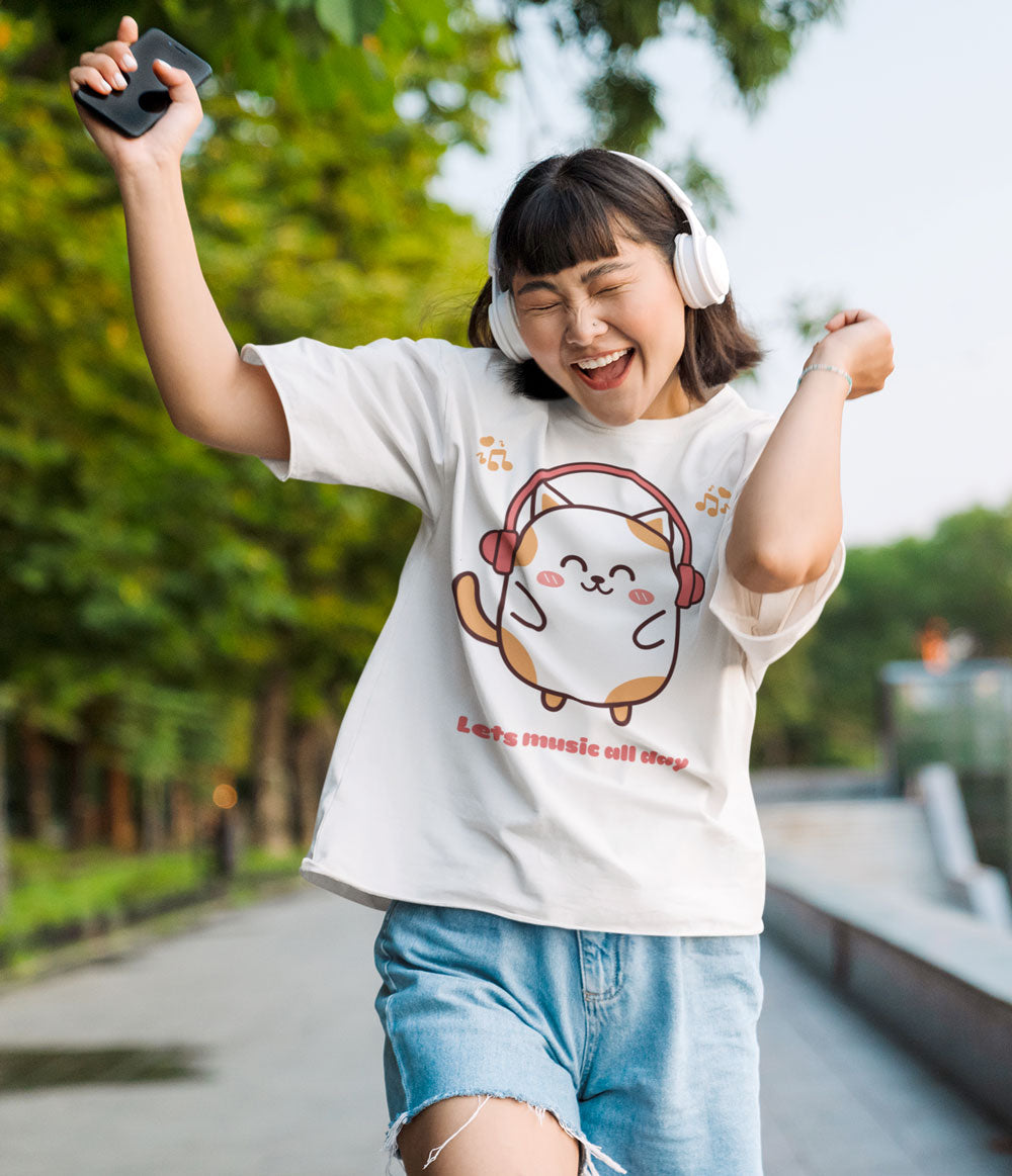 Cute Kawaii Cat Music Tshirt, Organic Cotton.