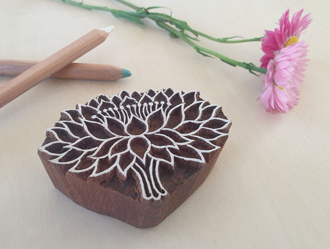 Wooden hand carved stamp, lotus.