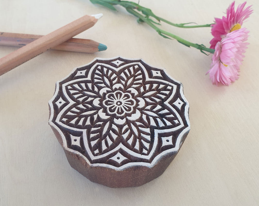 Floral wood stamp, mandala printing block.