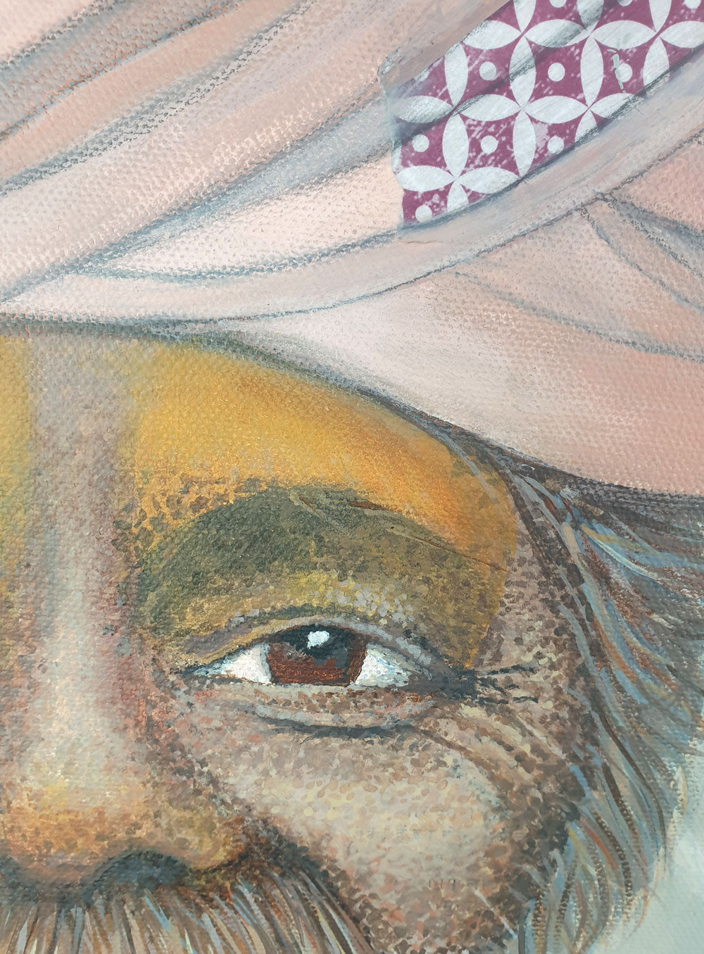 India Art, portrait painting, artist Libby Mills. close up view.