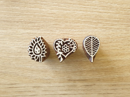 wood block stamps, small set of 3, paisley, heart, leaf designs.