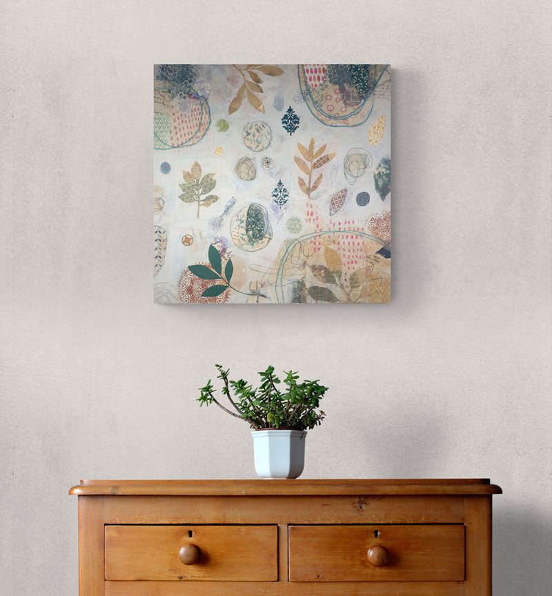 Nature inspired art, mixed media painting by Libby Mills. View in room.