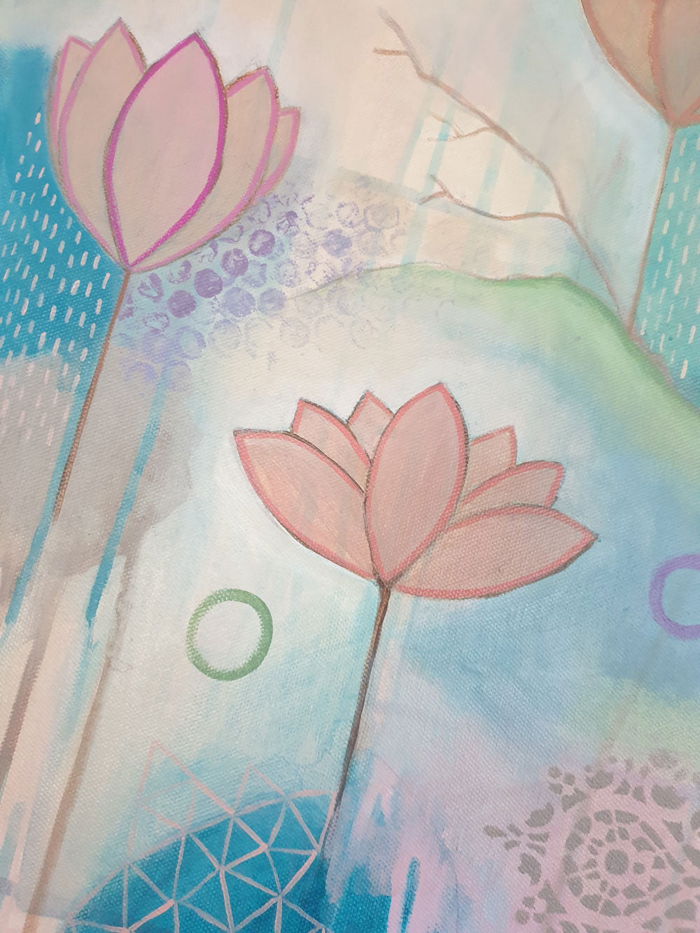 Dragonfly & lotus flower painting, original art, Libby Mills. Close up view.