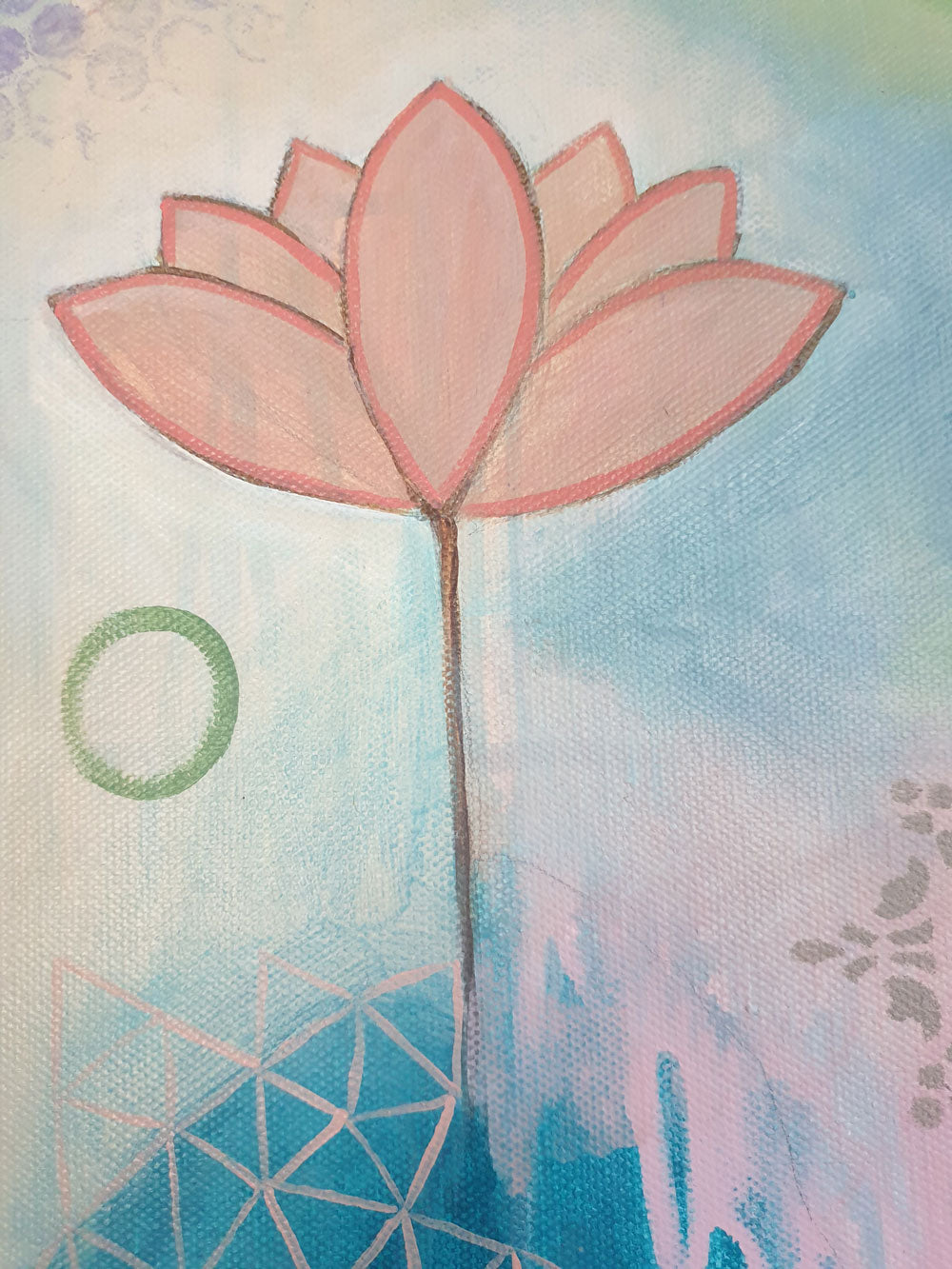 Dragonfly & lotus flower painting, original art, Libby Mills. Close up flower.