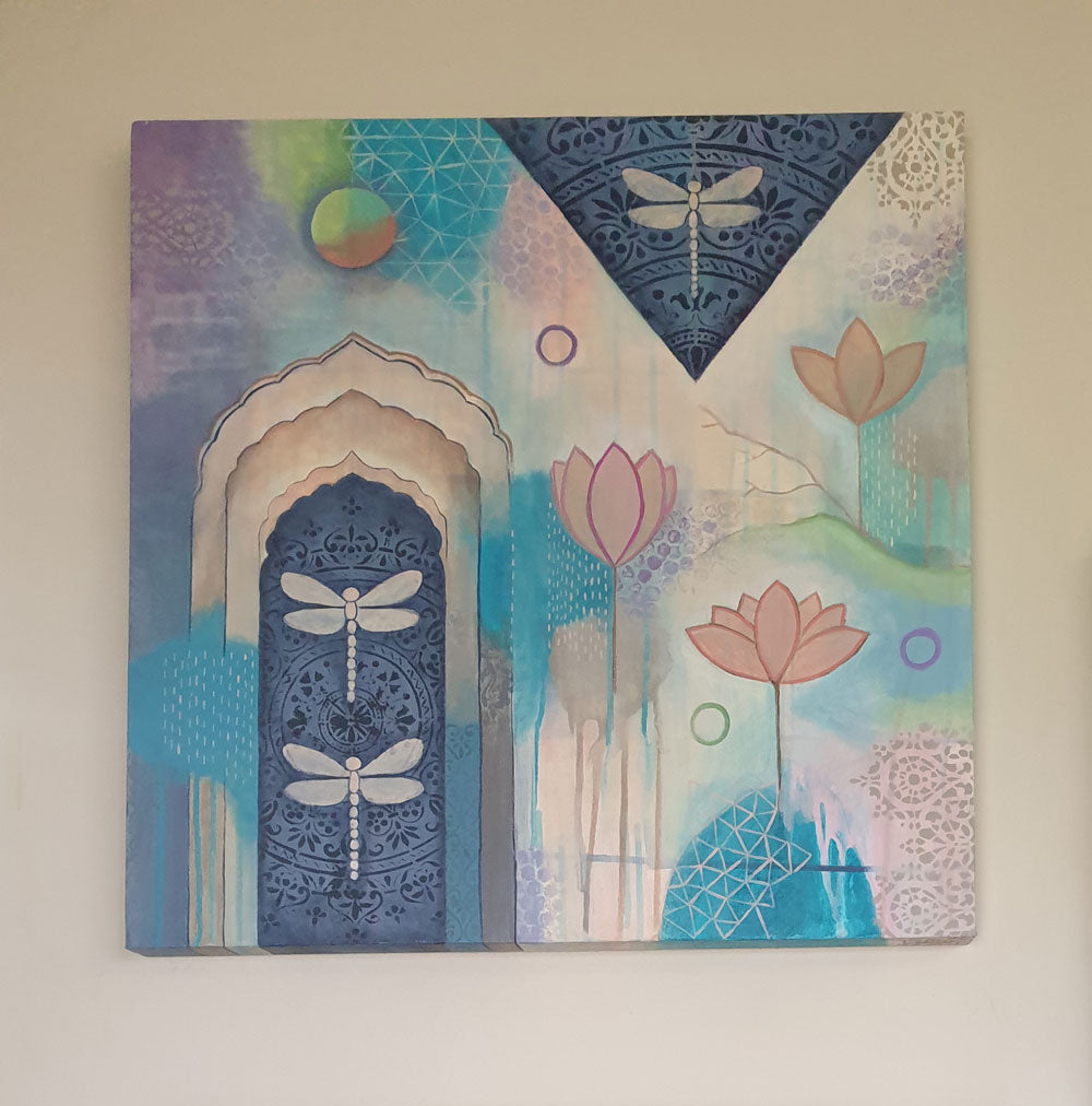 Dragonfly & lotus flower painting, original art, Libby Mills. Wall art.