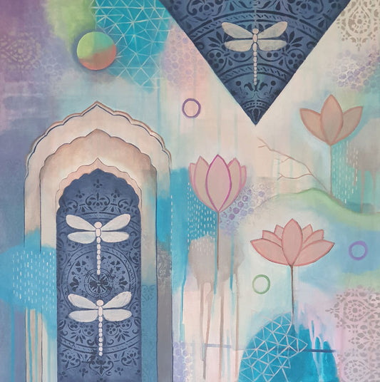 Dragonfly & lotus flower painting, original art, Libby Mills.