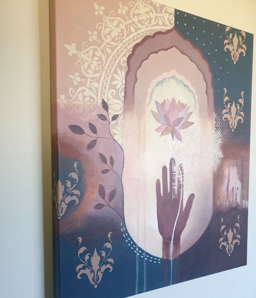 Hamsa hand and lotus painting, original art, Libby Mills. Angle view.