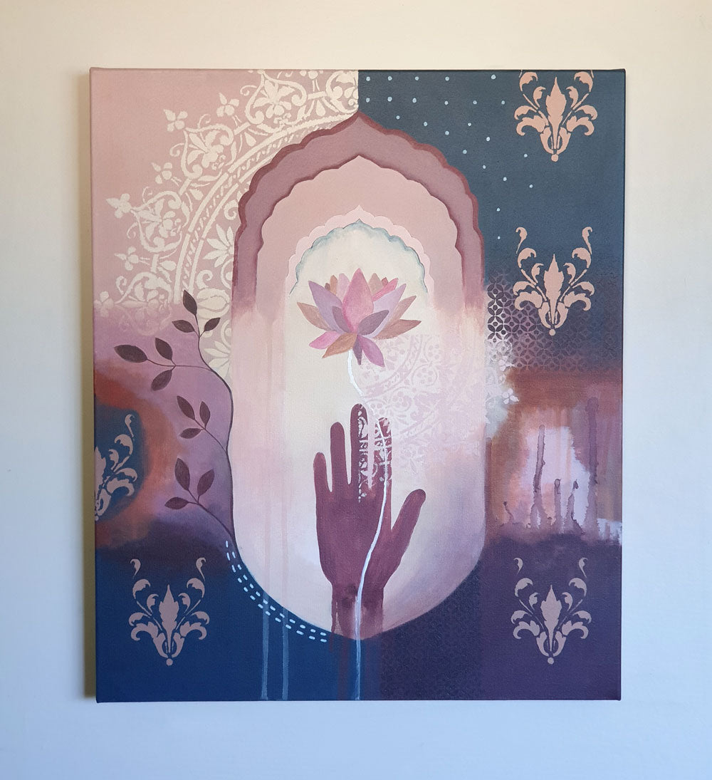 Hamsa hand and lotus painting, original art, Libby Mills. Acrylic on canvas.