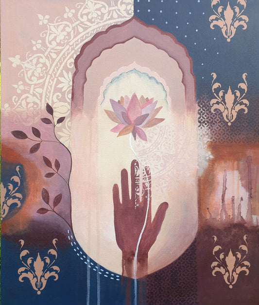 Hamsa hand and lotus painting, original art, Libby Mills.