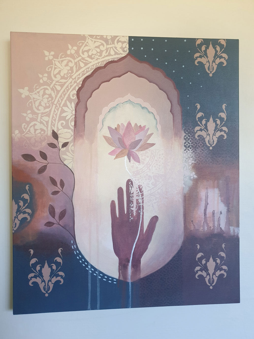 Hamsa hand and lotus painting, original art, Libby Mills. Wall art.