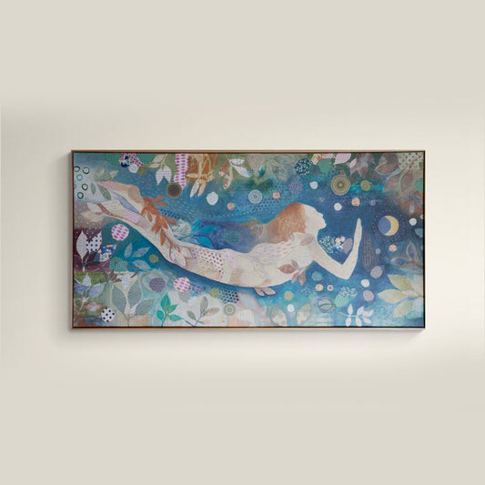 Mixed media art, girl swimming in the sea of the world. Artist Libby Mills.
