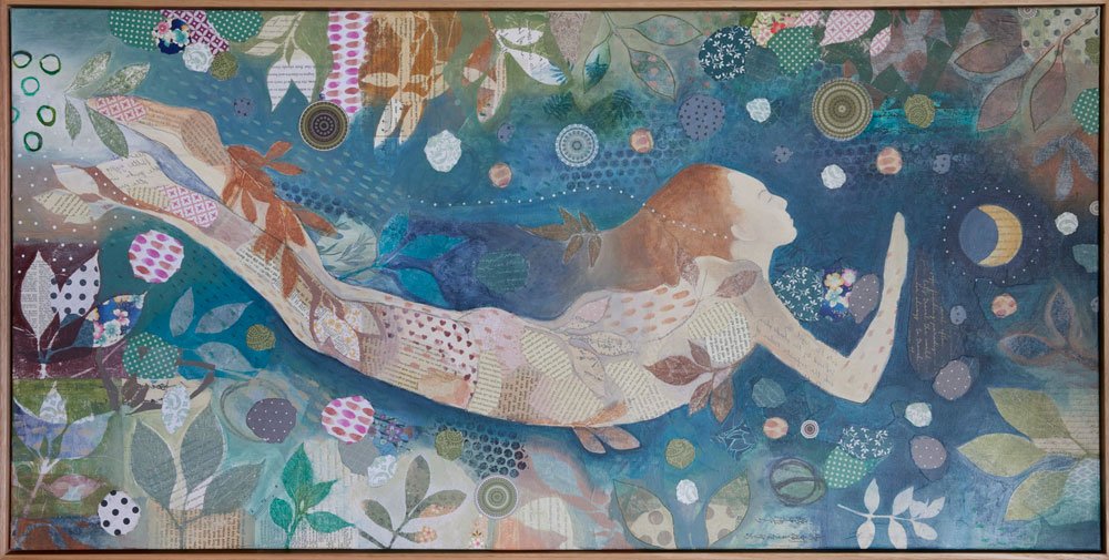 Mixed media art, girl swimming in the sea of the world. Wall art. Artist Libby Mills.