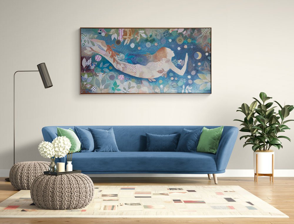 Mixed media art, girl swimming in the sea of the world. In room. Artist Libby Mills.