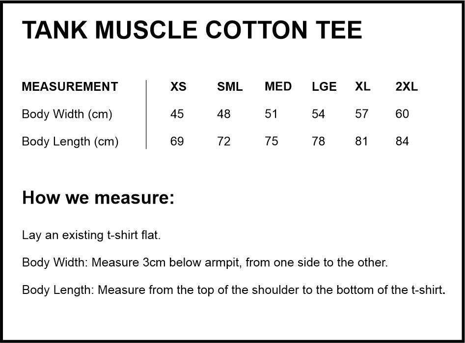 tank muscle cotton tee size guide.