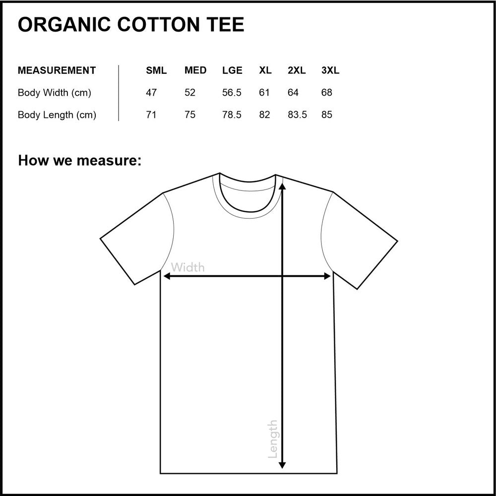 Organic cotton t-shirt size guide.