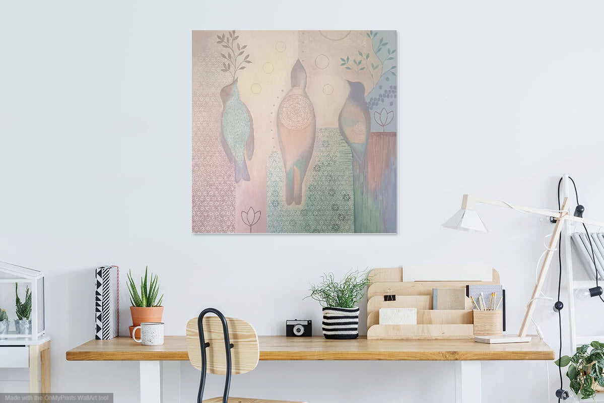 Pastel Birds Painting, Libby Mills Art. In room.