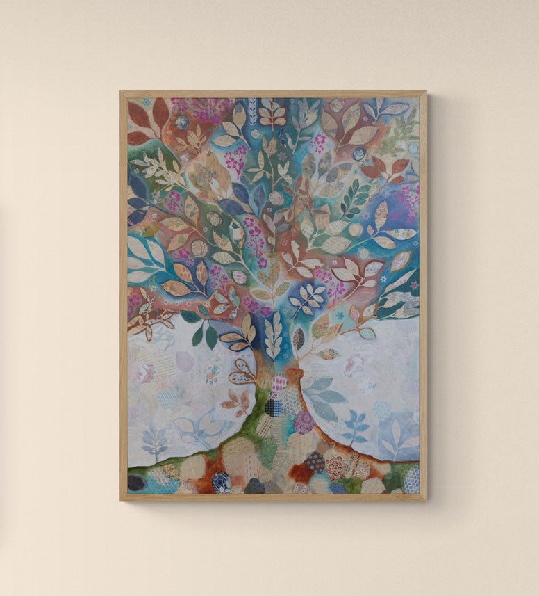 Tree of life mixed media painting by artist Libby Mills. Wall art.