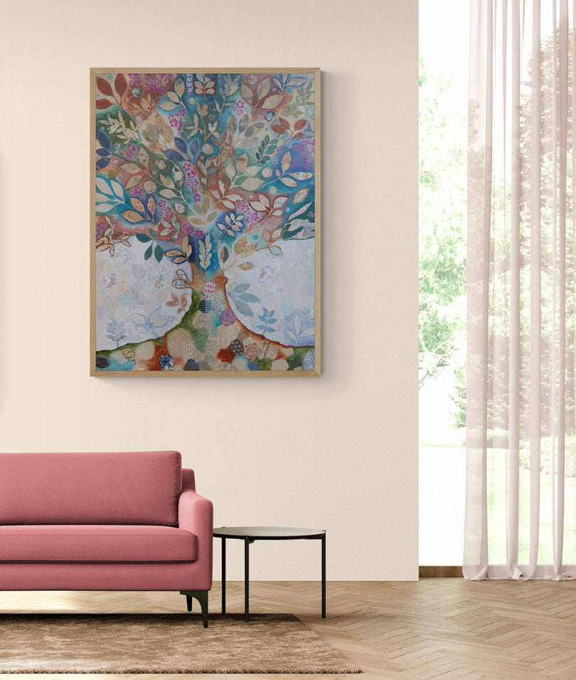 Tree of life mixed media painting by artist Libby Mills. In room.