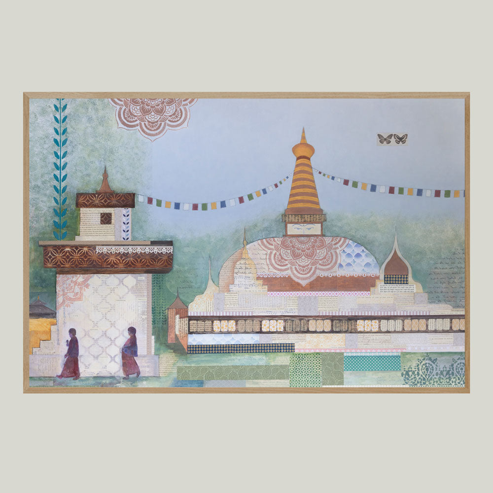 Bhutan art, original painting by artist Libby Mills. Buddhist temple.
