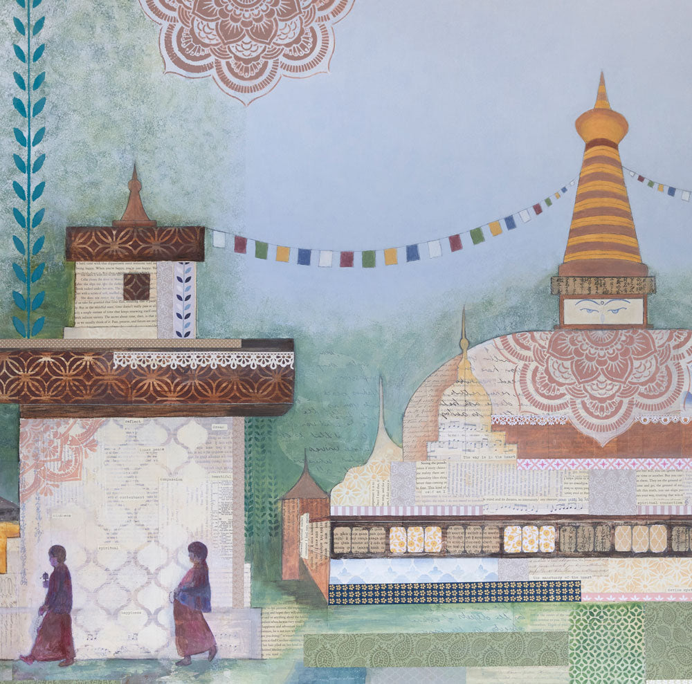 Bhutan art, original painting by artist Libby Mills. Close up view.