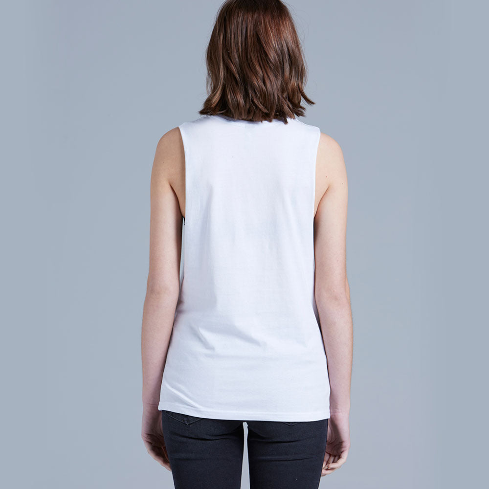 graphic muscle tee, back view.