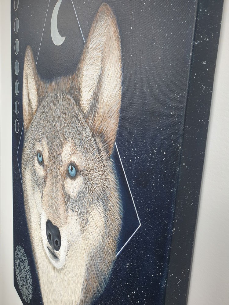 Wolf painting, original art by Libby Mills. Angle view.