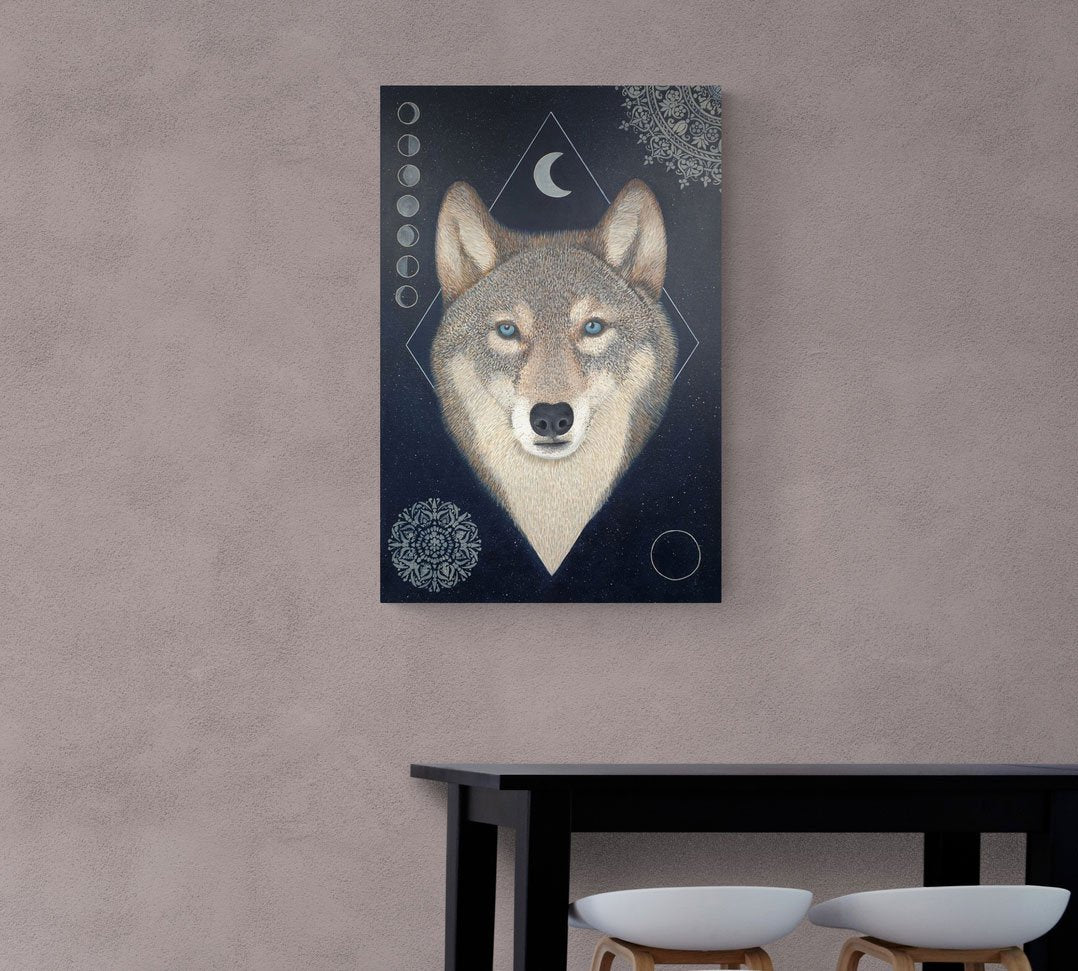 Wolf painting, original art by Libby Mills. In room.