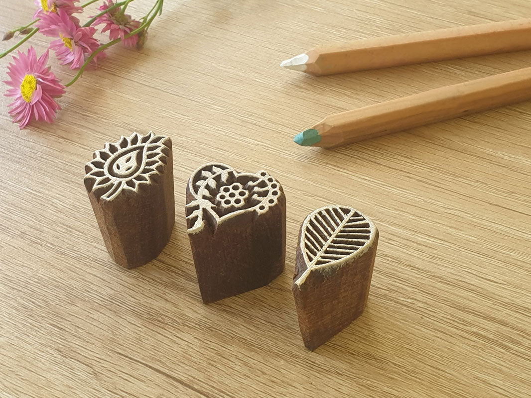 small stamp set, printing blocks, paisley, heart, leaf.